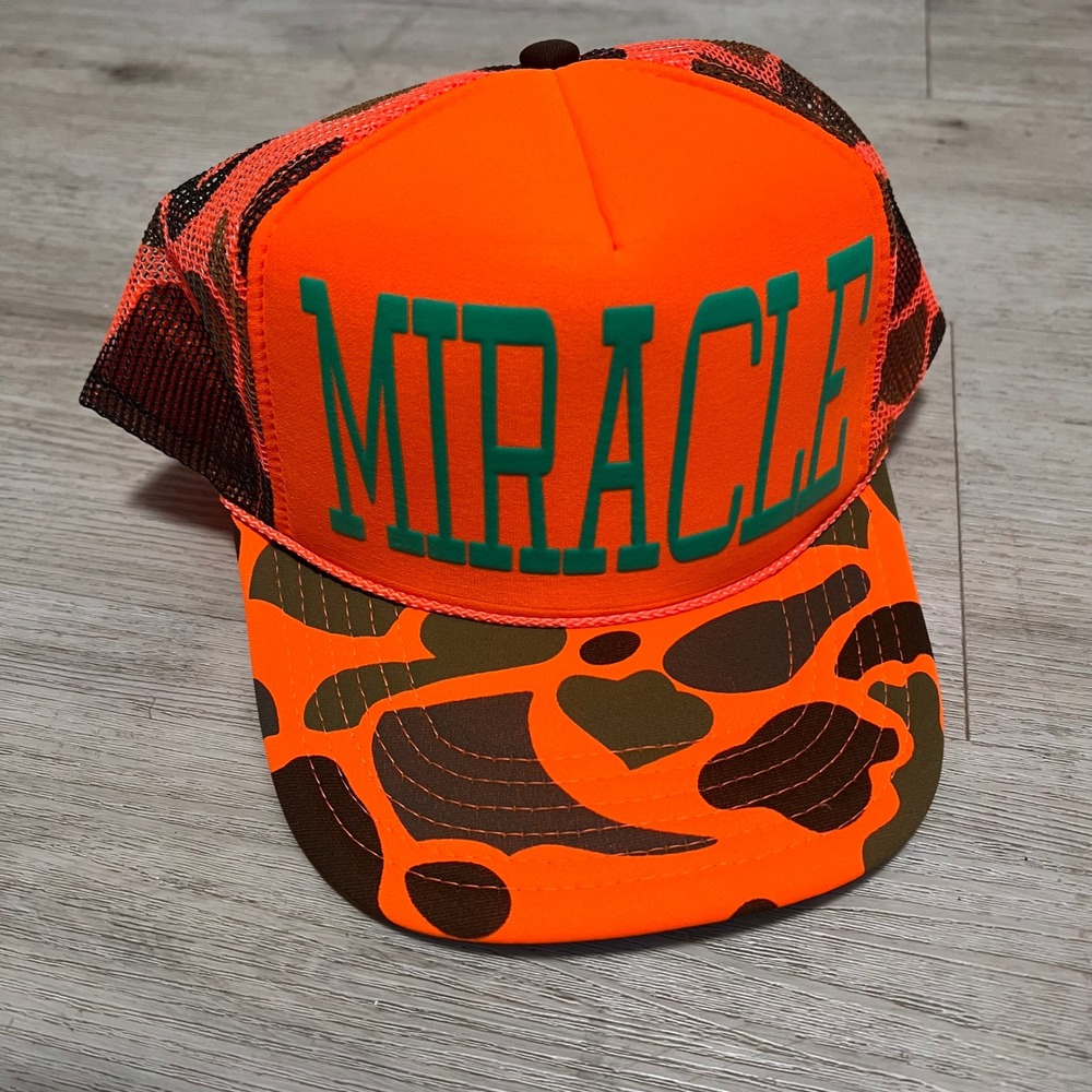 Miracle Trucker Hat‎ Camo Hunting Cap Miracle Patch Orange Mesh Back